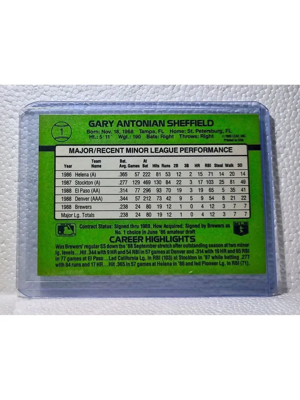 Gary Sheffield 1989 Donruss MLB #1 The Rookies Baseball Card Milwaukee Brewers